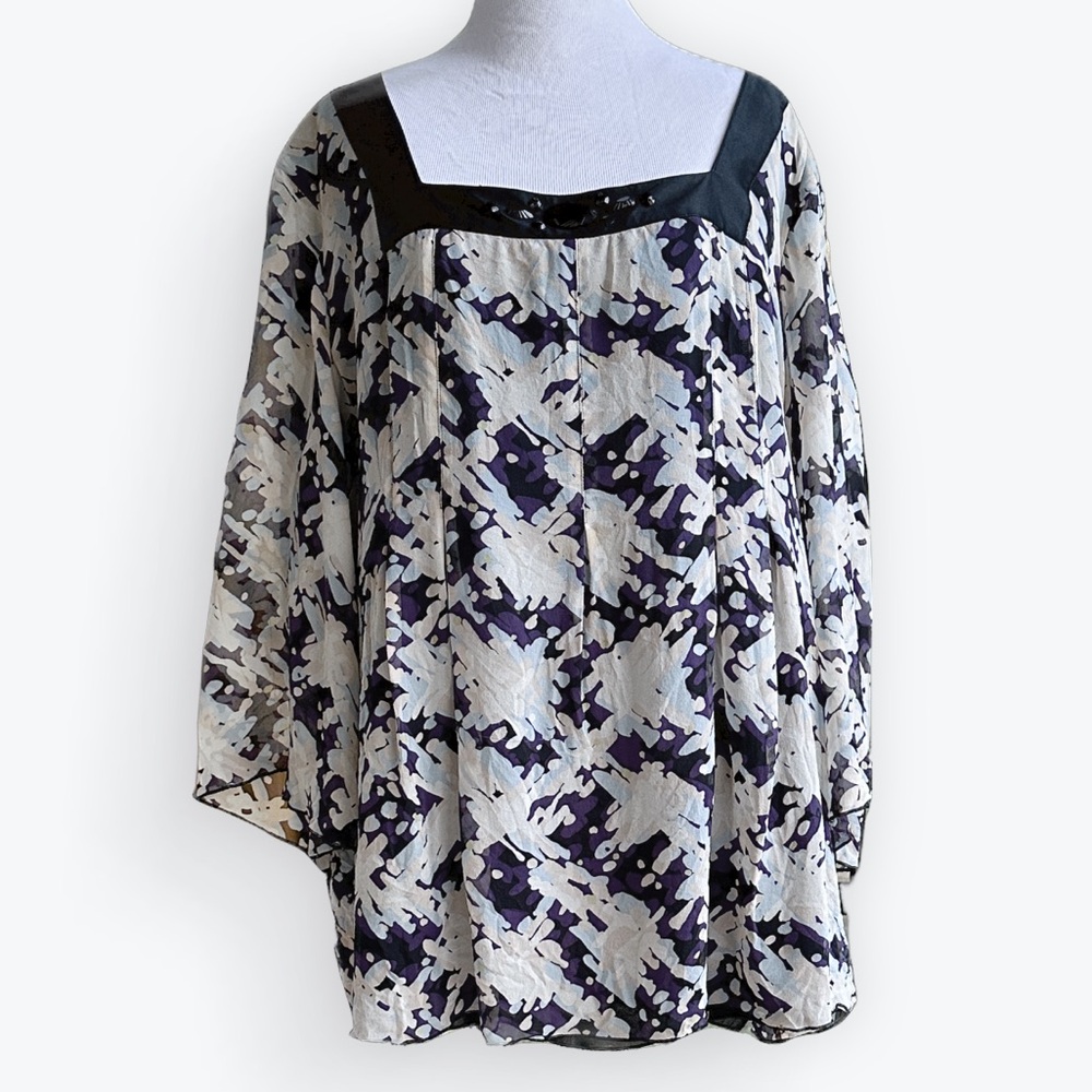 Silk Ethereal Romantic Soft Bell Sleeved Embellished Square Neck Tunic Top ~ 18W